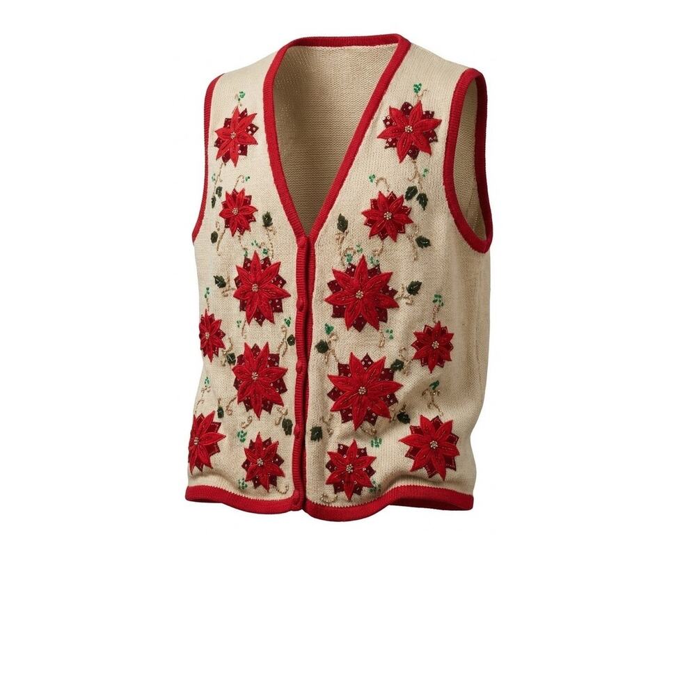 Bobbie Brooks Christmas Sweater Vest Womens XL Poinsettia Ramie Cotton Y2K 90s